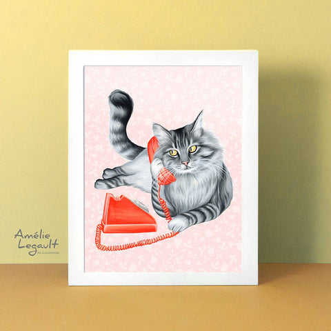 Cat on the phone greeting card by Amélie Legault