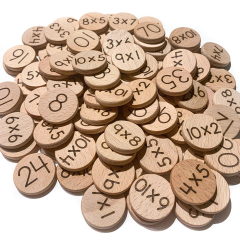 Multiplication Facts Wooden Discs (Set of 100 Double Sided Mini 1") by Tree Fort Toys