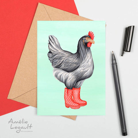 Chicken Hen in rain boots greeting card by Amélie Legault