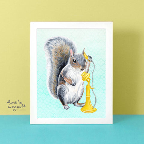 Squirrel on the phone greeting card by Amélie Legault
