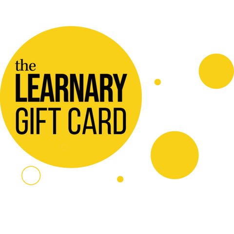 A card with The Learnary Logo and the words Gift Card. The background is white and it has yellow decorative circles.