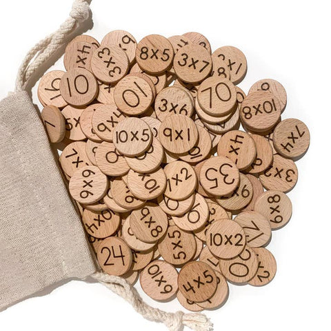 Multiplication Facts Wooden Discs (Set of 100 Double Sided Mini 1") by Tree Fort Toys