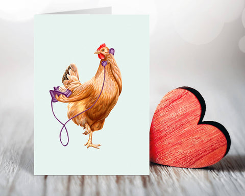Chicken Hen on the phone greeting card by Amélie Legault