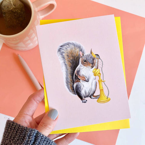 Squirrel on the phone greeting card by Amélie Legault