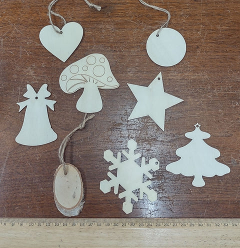 Flat wooden holiday ornaments