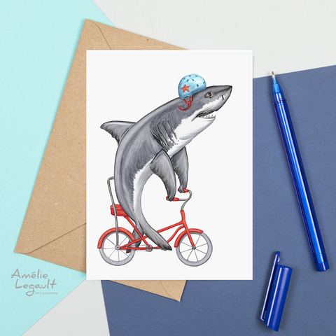 Shark on a bicycle greeting card by Amélie Legault