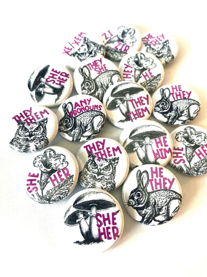 Pronouns Button/Badge with vintage image by Prickly Cactus Collage