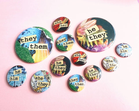 Pronoun Pin - Collage Style - Pinback Button/ Badge by Prickly Cactus Collage