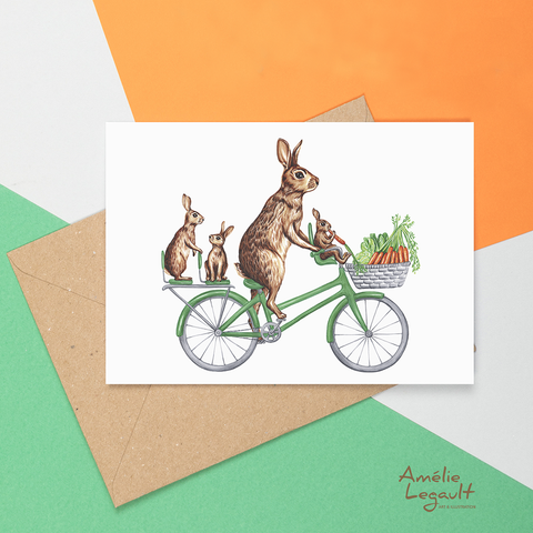Rabbit family on a bicycle greeting card by Amélie Legault